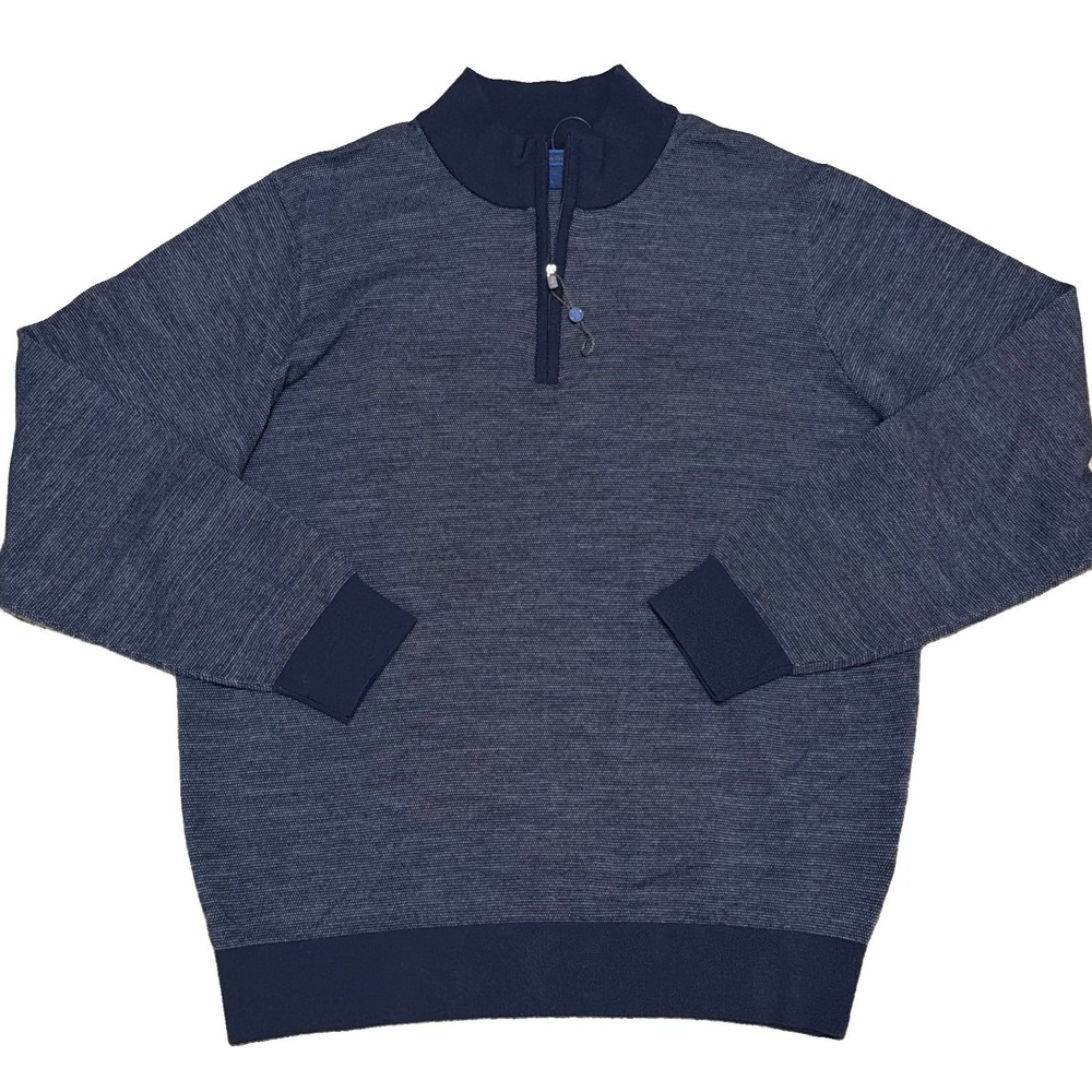 David Donahue Men's L Navy Merino Wool Blend Birdseye Quarter Zip Sweater